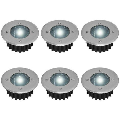 Ensemble de 6 spots LED solaires ronds sur pied (diamètre : 85 mm) avec pieds résistants aux intempéries et façade en acier inoxydable.