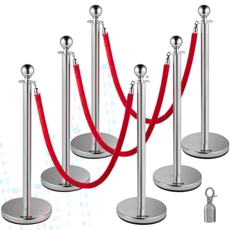 Vevor - Ensemble de 6 unites argentees pour le controle des foules, comprend des poteaux en acier inoxydable et des ceintures retractables rouges, 38