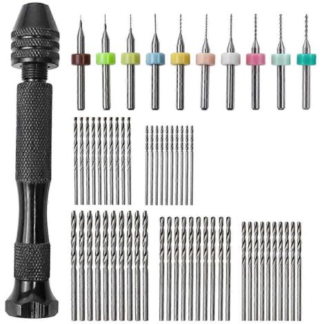 Ensemble de 61 pièces : étau à broches, jeu de 50 forets hélicoïdaux de 1 à 3 mm, outil rotatif pour circuits imprimés (10 pièces) – voir illustration.