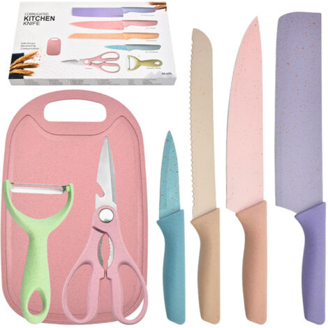 Ensemble de 7 Couteaux en Paille de Blé avec Planche à Découper - Couteau de Chef, Couteau à Pain, Éplucheur, Ciseaux et Accessoires de Cuisine