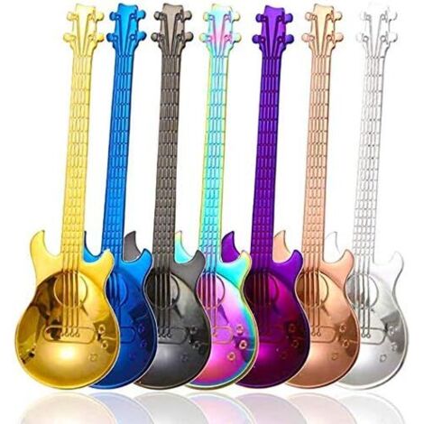 Ensemble de 7 cuillères à café, cuillères à guitare colorées en acier inoxydable, petites cuillères à la maison, cuillères à dessert, cuillères à crème glacée, cuillères à yaourt, cuillères à café
