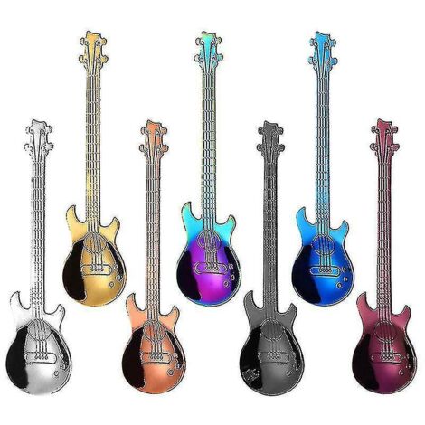 Ensemble de 7 cuillères, ensemble de cuillères en acier inoxydable colorées en forme de guitare, petite cuillère pour la maison, cuillère à dessert, cuillère à glace, cuillère à yaourt, cuillère à thé