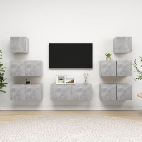 Ensemble de 7 meuble TV - Armoire Télévision Moderne  Banc TV Gris béton Aggloméré -FR28660