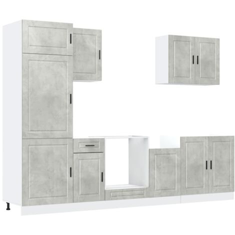 Ensemble de 7 meubles de cuisine  Meuble de cuisine "Porto" en bois d'ingénierie gris béton