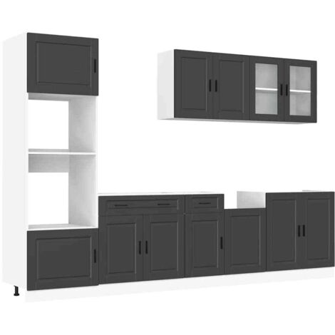 Ensemble de 7 meubles de cuisine  Meuble de cuisine "Porto" en bois d'ingénierie noir