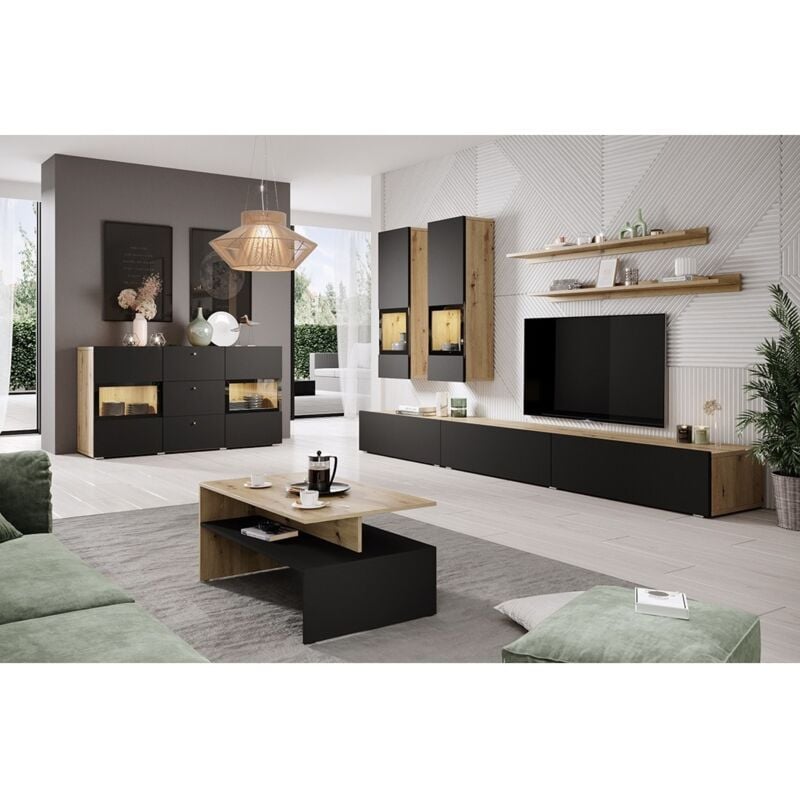 Meublorama - Ensemble de 7 meubles de salon collection ramos. Chêne et noir super mat.