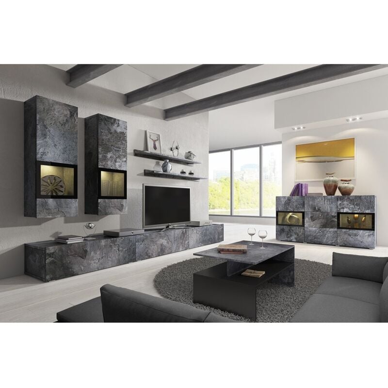 Meublorama - Ensemble de 7 meubles de salon collection ramos. Couleur gris effet ardoise et noir.