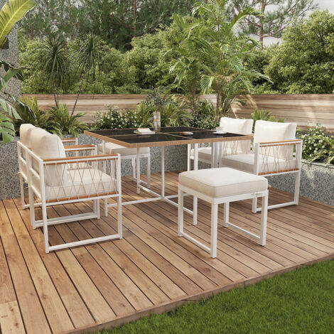Ensemble de 7 tables et chaises d'extérieur pour 6 personnes, avec enroulement en rotin PE -Naturel+Blanc