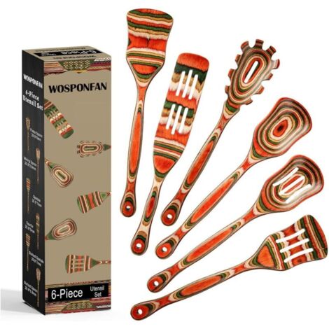 Ensemble de 7 ustensiles de cuisine en bois rouge, cuillères en bois, ensemble de cuillères en bois, ensemble d'ustensiles de cuisine en bois.