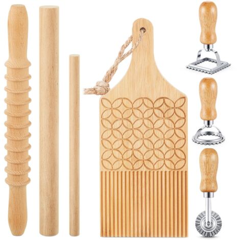 Ensemble de 7 ustensiles pour la fabrication de pâtes, comprenant un plat en bois pour tamagoyaki, un appareil à raviolis et un rouleau à pâtisserie, pour réaliser des tamagoyaki maison.