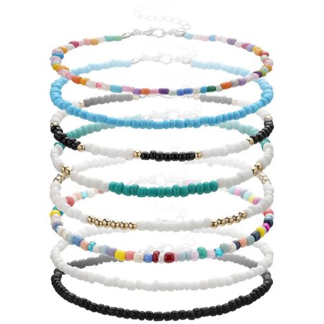 Ensemble de 8 bracelets de cheville bohèmes faits main en perles de verre avec chaînes ajustables