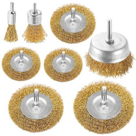 Ensemble de 8 brosses coupelles métalliques pour perceuses, avec revêtement en laiton, tige de 6,35 mm pour le nettoyage de la rouille, des flocons et des abrasifs.
