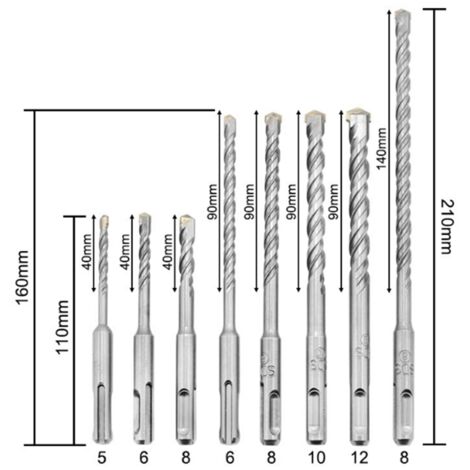 Ensemble de 8 forets à percussion SDS à 2 trous et 2 fentes pour marteau perforateur électrique, forets SDS PLUS