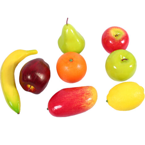 Ensemble de 8 fruits artificiels en plastique pour la cuisine, présentés comme de faux aliments, pour la décoration de la maison et des fêtes. Aspect réaliste.