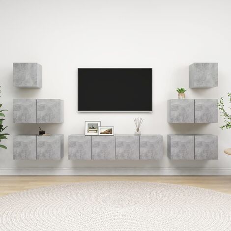 Ensemble de 8 meuble TV - Armoire Télévision Moderne  Banc TV Gris béton Aggloméré -FR72288