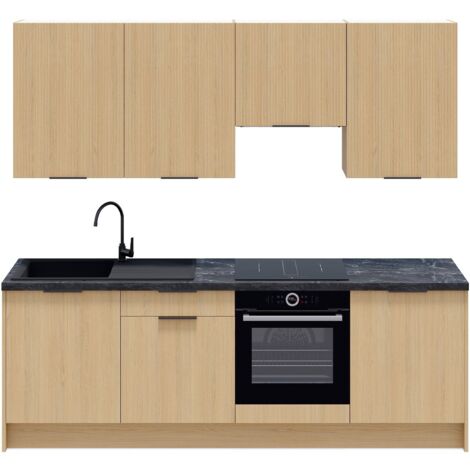 Ensemble de 8 meubles de cuisine - L. 245 cm - chêne clair et chêne clair cannelé - Sierra Mix
