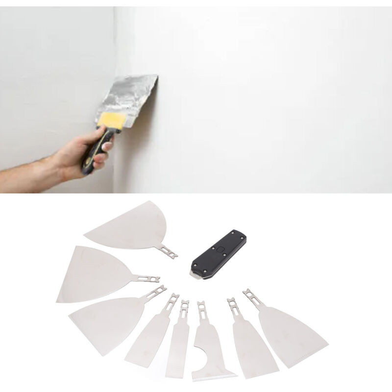 Ensemble de 8 outils de grattage pour plaques de plâtre avec sac de rangement, couteau à enduire et à racler le plâtre, outil en acier inoxydable