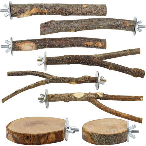 Ensemble de 8 Perchoirs en Bois Naturel pour Perroquets - Plateforme à Branches Multiples avec Jouets Fourches et Hamac - Accessoires Durables pour Perruches et Canaris