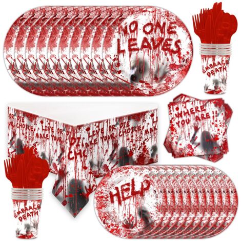 Ensemble de 8 pièces de décoration de fête d horreur d Halloween, décoration de lieu, assiette à dîner avec empreinte de sang d horreur, ensemble de vaisselle jetable pour fête