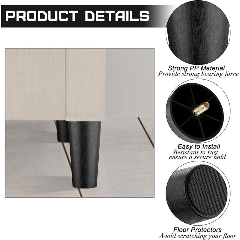 Ensemble de 8 pièces Pieds de meubles en plastique de 6 pouces (environ 15,2 cm) avec vis à écrou en T M8 Pieds de canapé et de chaise coniques Pieds