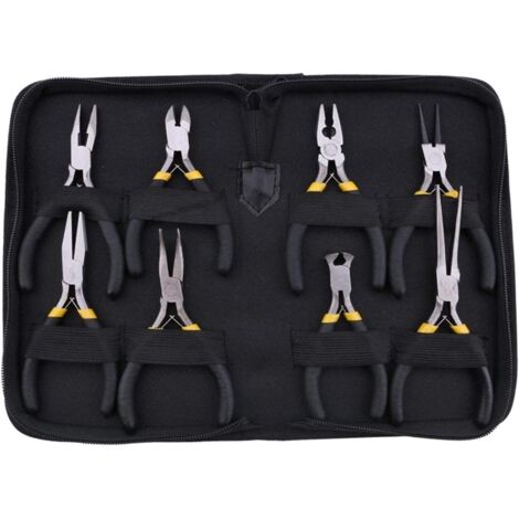 Ensemble de 8 pinces à main : pince à bec long (dentée), pince à bec plat, pince à bec diagonal, pince à ergots, tire-fils, coupe-fils, pince multifonction et outils de réparation de pinces.