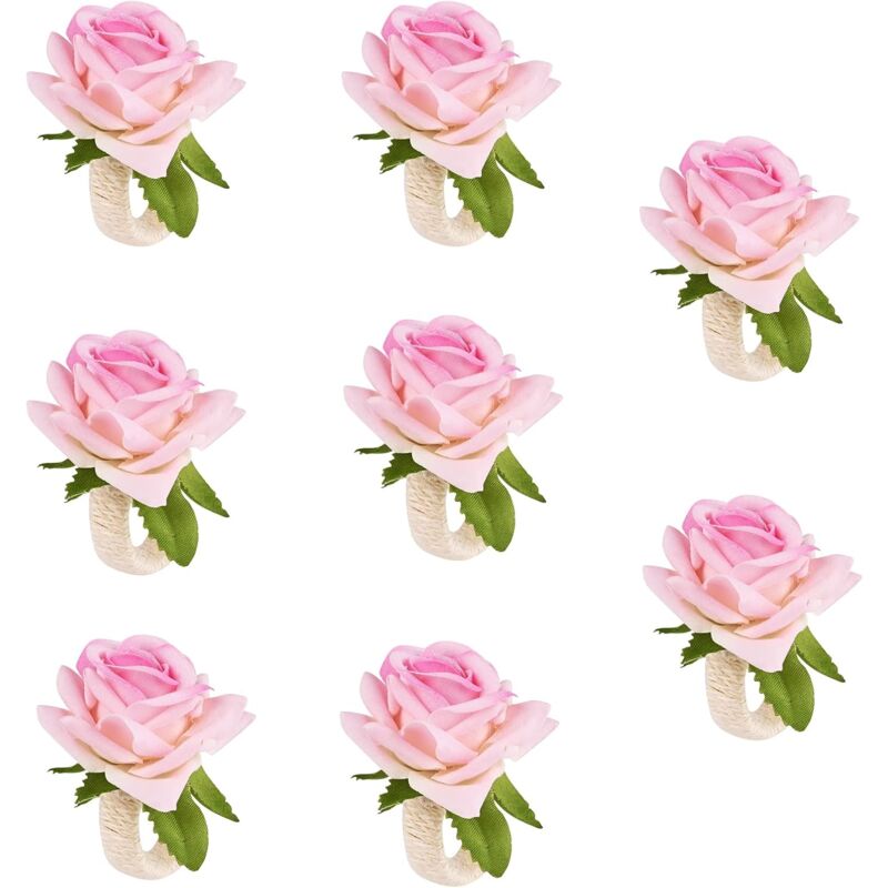 Ensemble de 8 ronds de serviette en forme de fleur, anneau de serviette en forme de rose artificielle, boucle de serviette en corde de jute