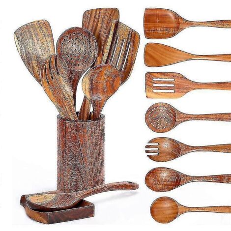 Ensemble de 9 cuillères en bois pour la cuisine, ustensiles de cuisine en bois avec support, en teck.