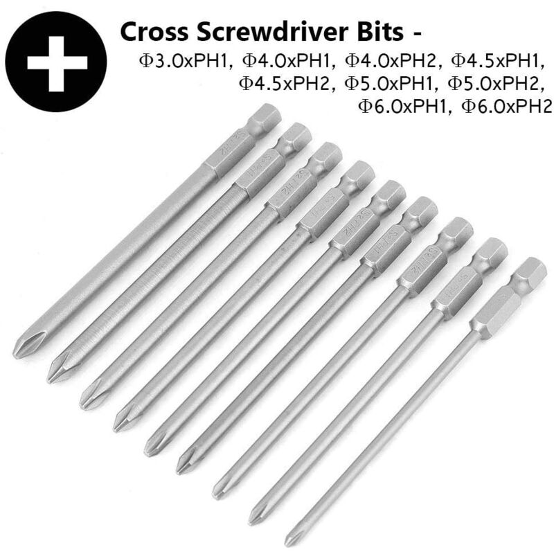 Ensemble de 9 pièces 6.35mm hexagonal queue croix tournevis tête tournevis Kit outil électrique longueur 150mM