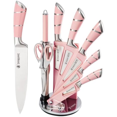 Ensemble de 9 pièces avec support de couteau rotatif en acrylique, couteau de chef aiguisé sans revêtement collant, couteau de cuisine en acier inoxydable avec aiguiseur (rose)