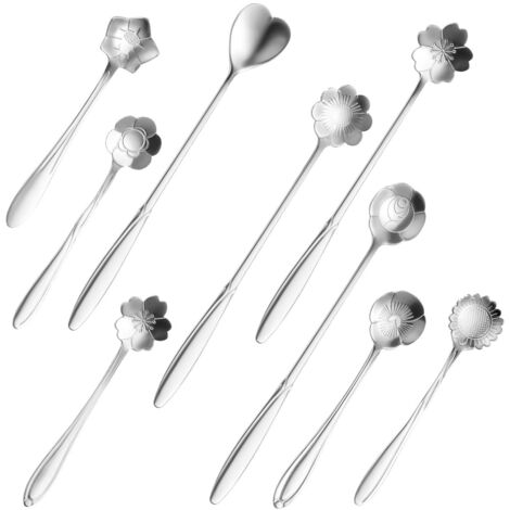 Ensemble de 9 pièces en forme de fleur comprenant une cuillère à café et une cuillère à dessert, en acier inoxydable, de jolies cuillères pouvant servir à remuer les boissons, les smoothies et les con