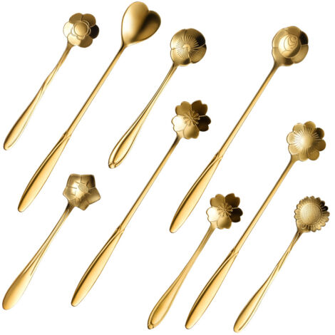 Ensemble de 9 pièces en forme de fleur comprenant une cuillère à café et une cuillère à dessert, en acier inoxydable, de jolies cuillères pouvant servir à remuer les boissons, les smoothies et les con
