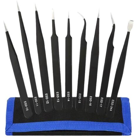 Ensemble de 9 pinces de précision, en acier inoxydable antistatique, pour l'électronique et la bijouterie, avec étui de rangement.