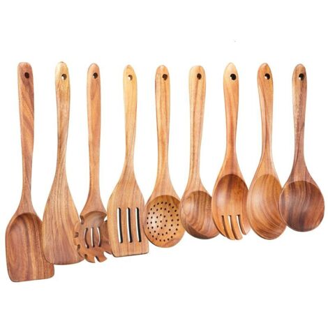 Ensemble de 9 ustensiles de cuisine artisanaux en bois pour ustensiles antiadhésifs