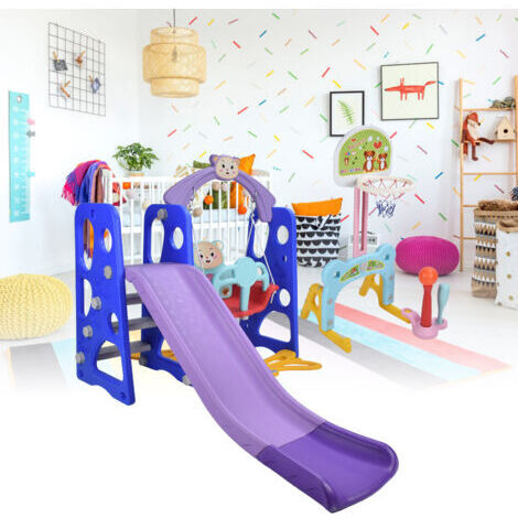 Ensemble de balançoire et toboggan 5 en 1 pour enfants avec panier de basket-ball, jouet d'intérieur et d'extérieur pour enfants de la maternelle, bleu