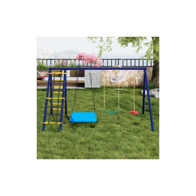 Ensemble de balançoire extérieure multifonctionnel - - 3 ailes, cadre d'escalade, panier de basket - ball, combinaison de balançoire extérieure,