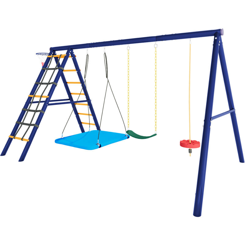 Ensemble De Balançoire Multifonctionnel En Métal Et Plastique,3 Balançoires+ Aire De Jeux Extérieure