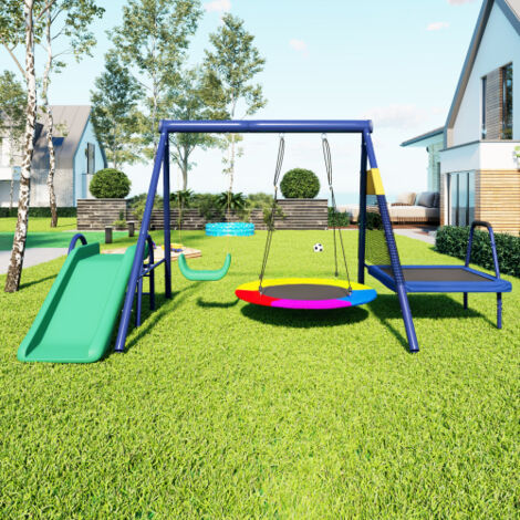 Ensemble de balançoire multifonctionnelle pour extérieur avec toboggan, trampoline, balançoire nid ronde et balançoire en plastique