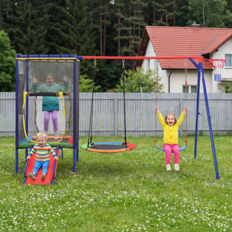Ensemble de balançoires et toboggan multifonctionnel pour enfants, avec trampoline, balançoire, toboggan et panier de basket – Aire de jeux multifonctionnelle pour jardin, avec filet de sécurité, bala
