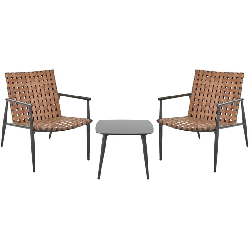 Ensemble de Balcon 2 Places en Rotin PE Structure et Pieds en Acier Table Basse Meubles de Terrasse Marron Ziria