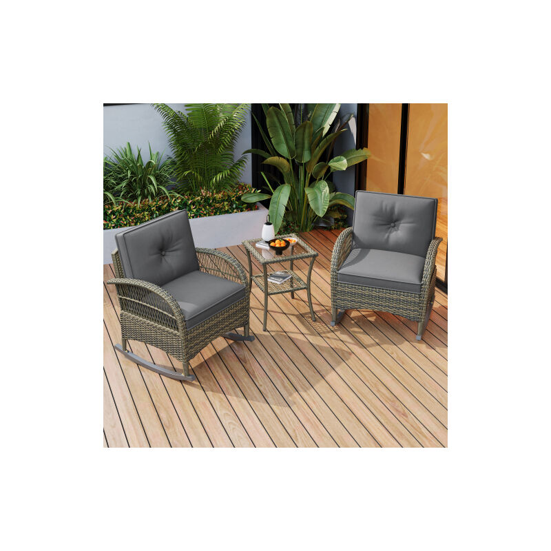 Ensemble de balcon en rotin (3 pièces), contreplaqué arabe avec coussins gris, charge 160 kg