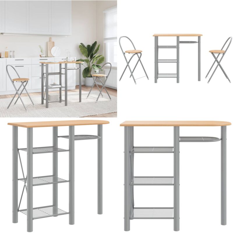 Vidaxl - Ensemble de bar 3 pcs gris et marron bois d'ingénierie et fer - Ensemble De Bar - Table De Bar - Chaises De Bar - Mobilier De Salle à Manger