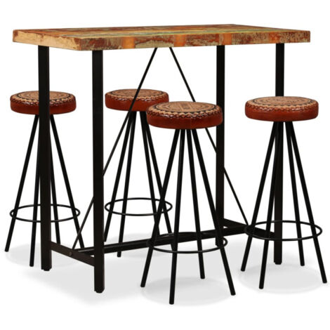 Ensemble de bar 5 pcs Bois de récupération Cuir véritable et toile vidaXL