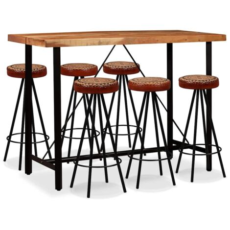 Ensemble de bar 7 pcs  Table et Tabourets de Bar Bois d'acacia Cuir véritable et toile BZTHBS910739