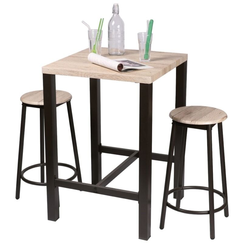 Meublorama - Ensemble de bar carré et 2 tabourets collection daryl – Structure en métal noir et plateau en mdf couleur bois