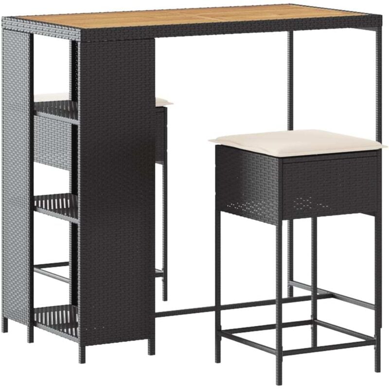 Ensemble de bar de jardin 3 pcs avec coussins noir poly rotin Vidaxl