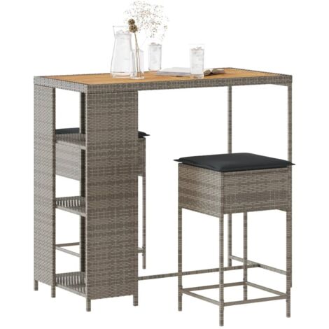 Ensemble de bar de jardin 3 pcs-Bar d'extérieur et coussins gris résine tressée 873574