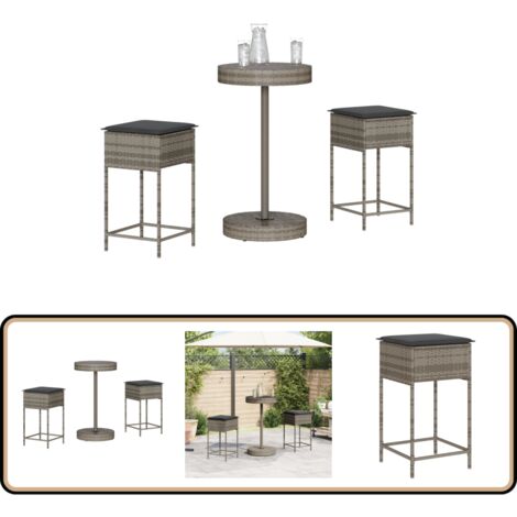 Ensemble de bar de jardin 3 pcs et coussins gris résine tressée - Salon De Jardin - Set Salon De Jardin - Mobilier De Jardin - Table Basse - Chaise Longue