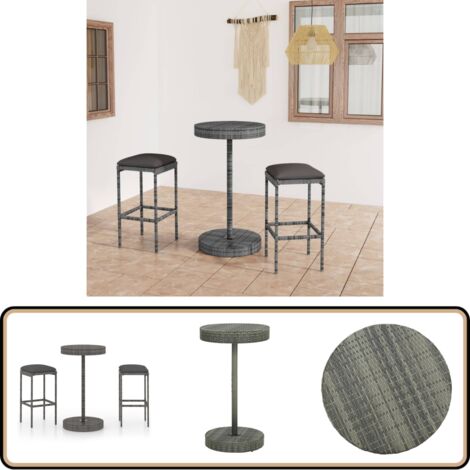 Ensemble de bar de jardin 3 pcs et coussins Résine tressée Gris - Salon De Jardin - Mobilier De Jardin - Set De Salon De Jardin - Table De Bar - Chaises De Bar