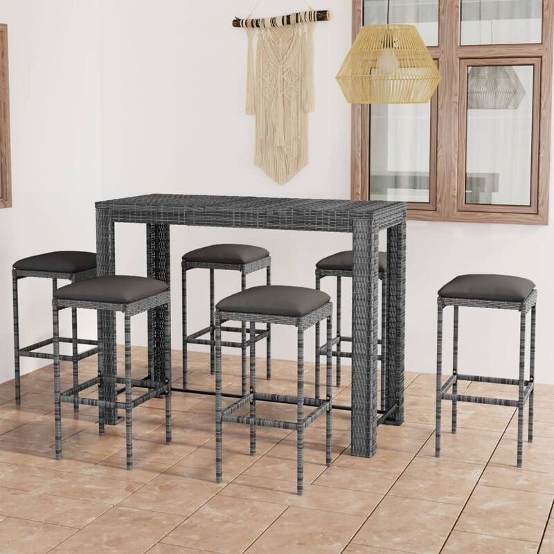 Vidaxl - Ensemble de bar de jardin 7 pcs et coussins Résine tressée Gris
