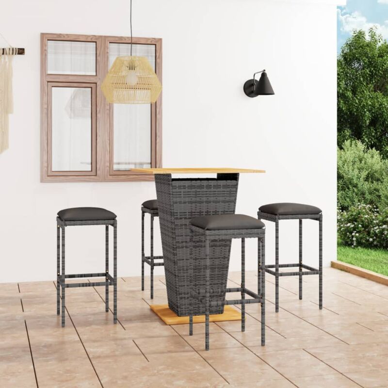 Ensemble de bar de jardin 5 pcs et coussins Résine tressée Gris Vidaxl